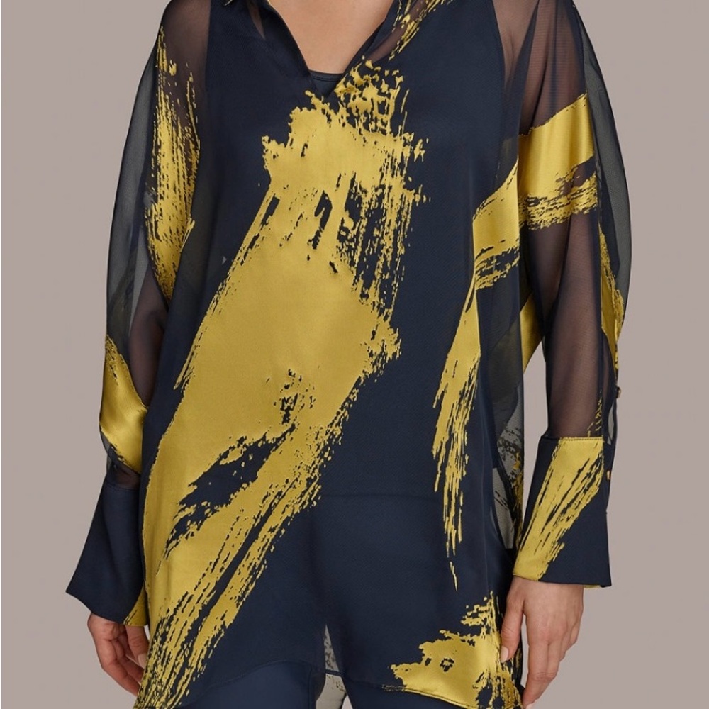 Donna Karen Chic Sheer Navy and Gold Blouse with Tank Top included. New XL